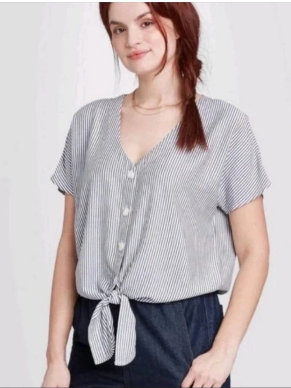 Universal Thread Gray and White Striped Tie-Front V-Neck Blouse
